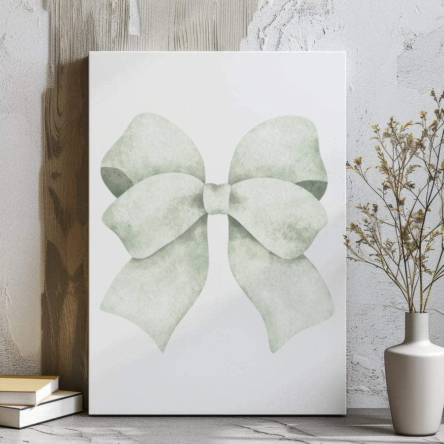 Sage Green Bow Canvas Wall Art | Watercolor Ribbon Aesthetic Decor | Premium Gallery Wrap Print | Minimalist Nursery and Home Gift