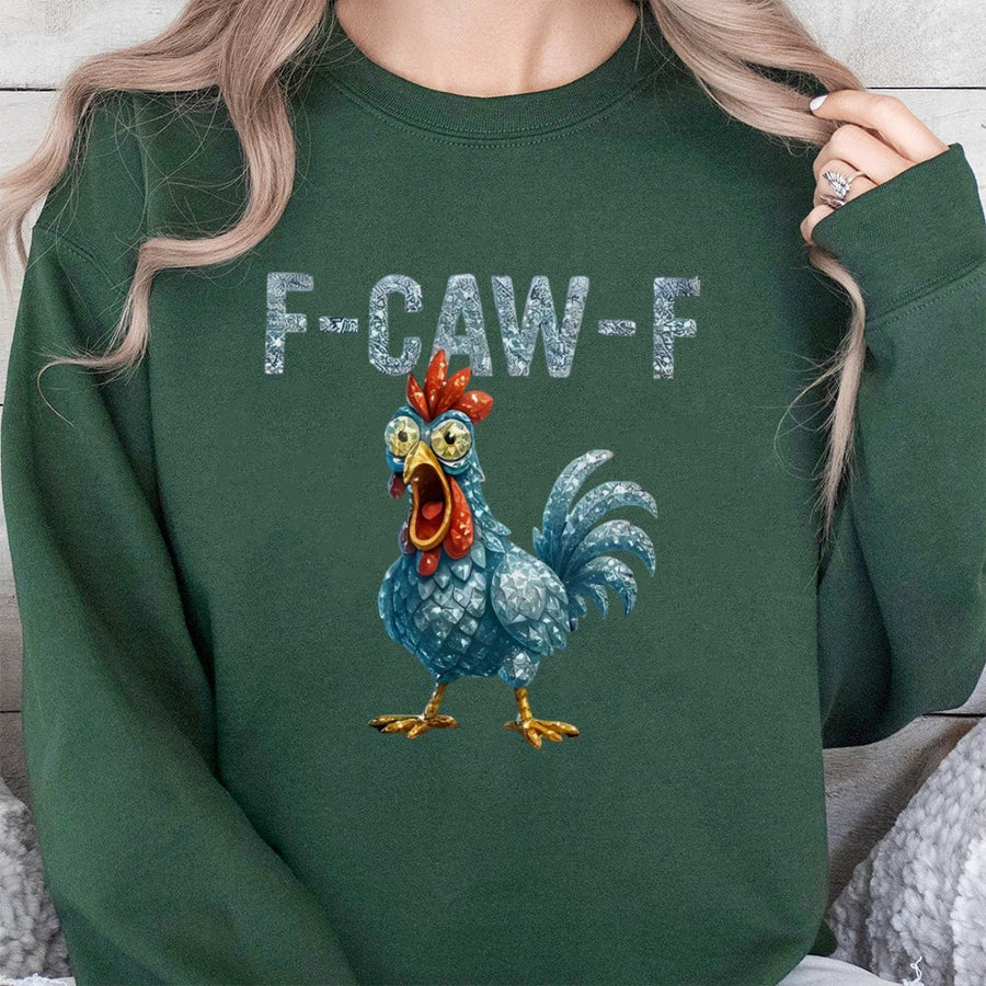 Funny Rooster Graphic Sweatshirt | F-Caw-F Meme Chicken Design | Premium Cotton Blend Crewneck | Unisex Humorous Gag Gift For Poultry Lovers