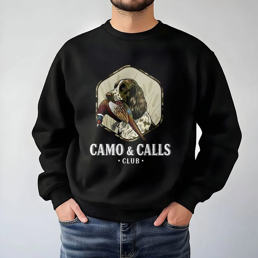 Springer Spaniel Hunting Sweatshirt | Camo & Calls Club Pheasant Bird Dog Graphic | Premium Cotton Blend | Gift for Hunter & Dog Lover