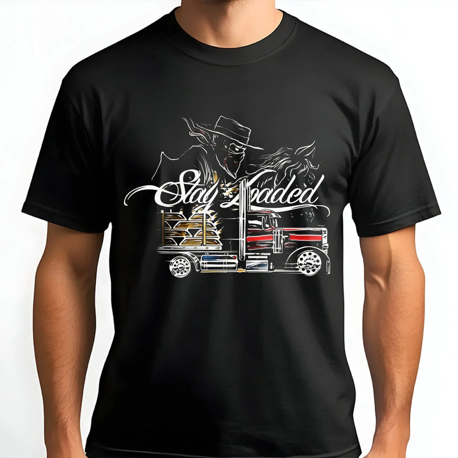 Stay Loaded Trucker T-Shirt | Classic Semi Truck Outline Graphic | Premium Cotton Unisex Tee | Gift for Long Haul Drivers & Truck Enthusiasts