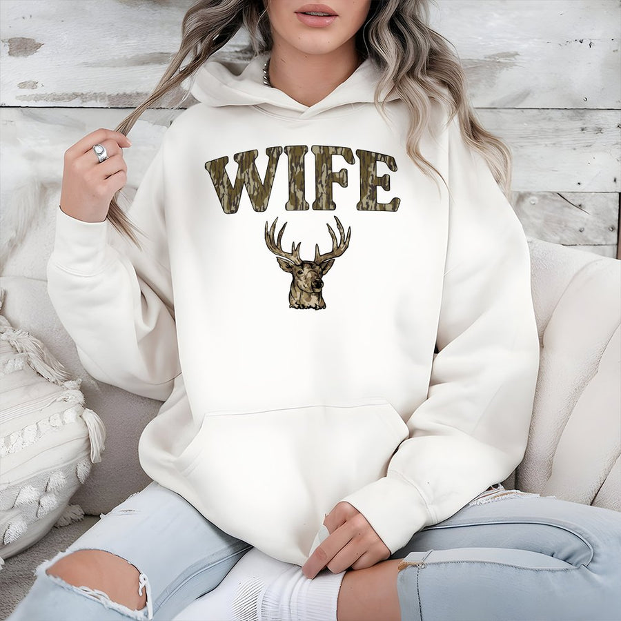 Wife Deer Hunting Hoodie | Camo Text Graphic Sweatshirt | Premium Cotton Blend | Gift For Hunter Wife Or Outdoorswoman