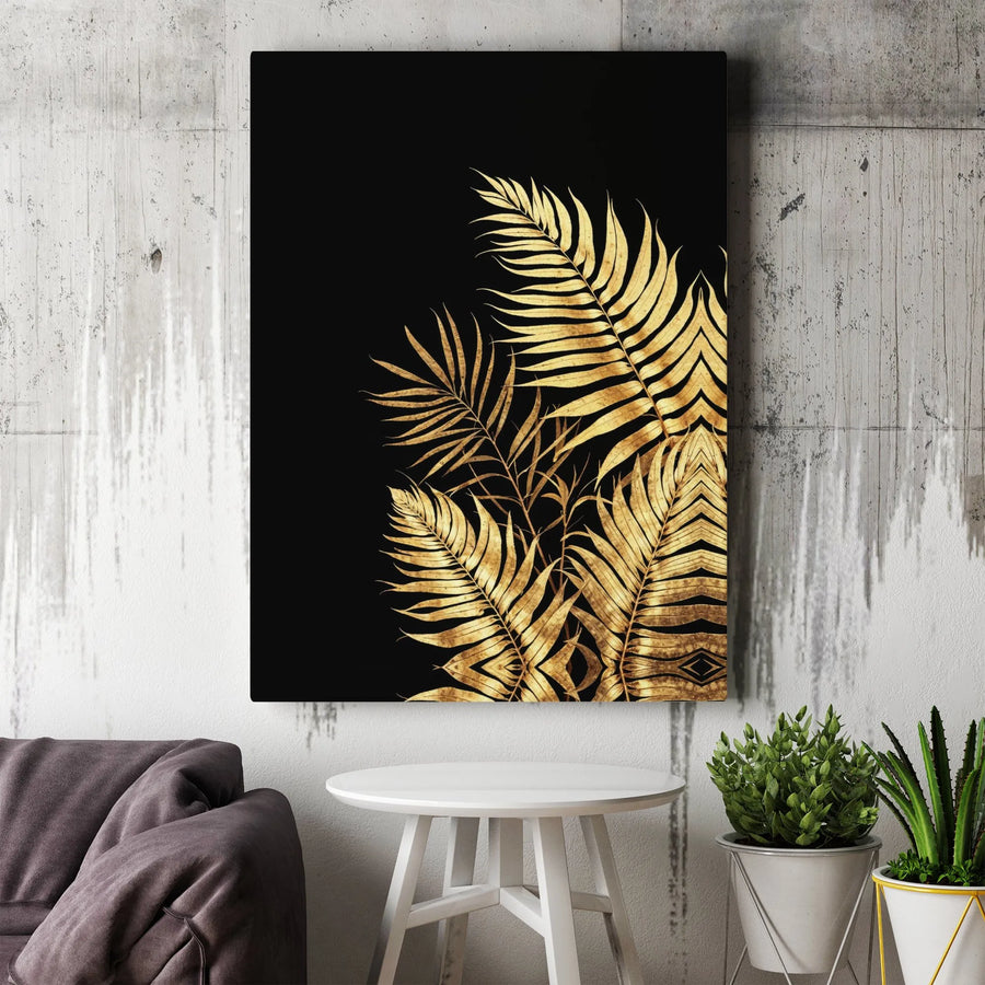 Golden Palm Leaf Wall Art | Modern Black and Gold Botanical Canvas | 1.25 Inch Gallery Wrap | Luxury Home Decor for Living Room
