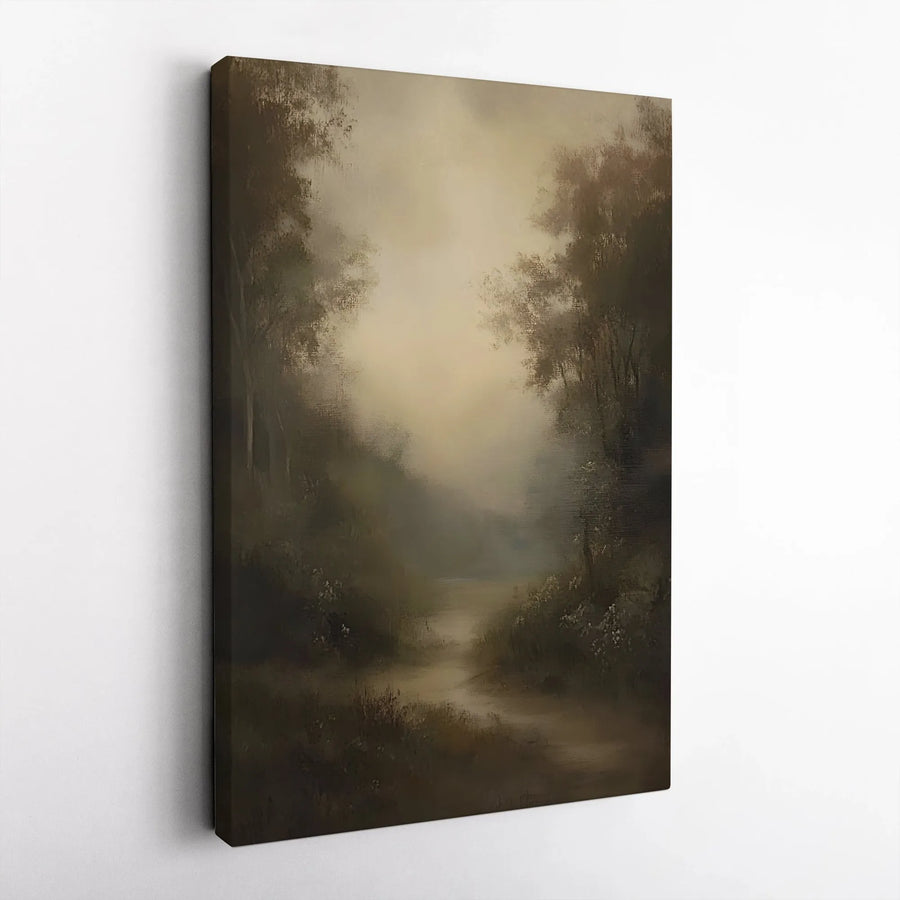 Misty Forest Landscape Canvas Art | Tonalist Woodland Path Wall Decor | Premium Gallery Wrap Print | Serene Nature Artwork for Home Office