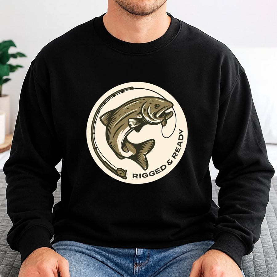 Fishing Sweatshirt Rigged & Ready | Bass Fish Graphic Design | Soft Cotton Blend Premium Pullover | Gift for Angler Fisherman Outdoor Enthusiast
