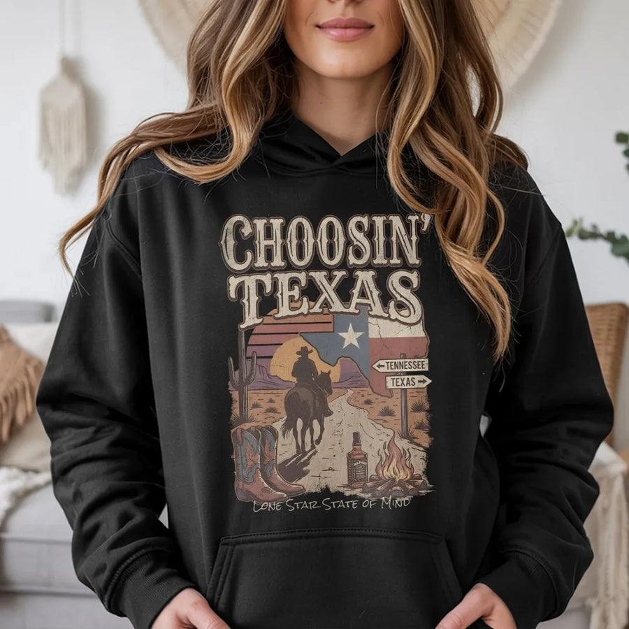Texas Hoodie | Retro Western Graphic Pullover | Soft Cotton Blend Crewneck | Funny Lone Star State of Mind Gift for Texan