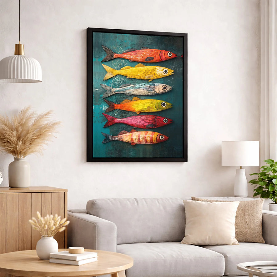 Colorful Fish Canvas Wall Art | Whimsical Nautical School of Fish Decor | Premium Gallery Wrap Canvas | Coastal Home Office Living Room Decor Gift