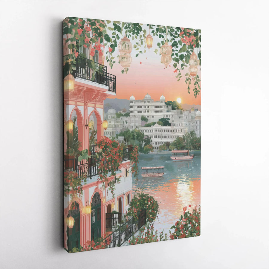 Udaipur Lake Palace Canvas Print | Sunset Floral Balcony Wall Art | Gallery Quality 1.25 Inch Thick | Travel Inspired Home Decor Gift