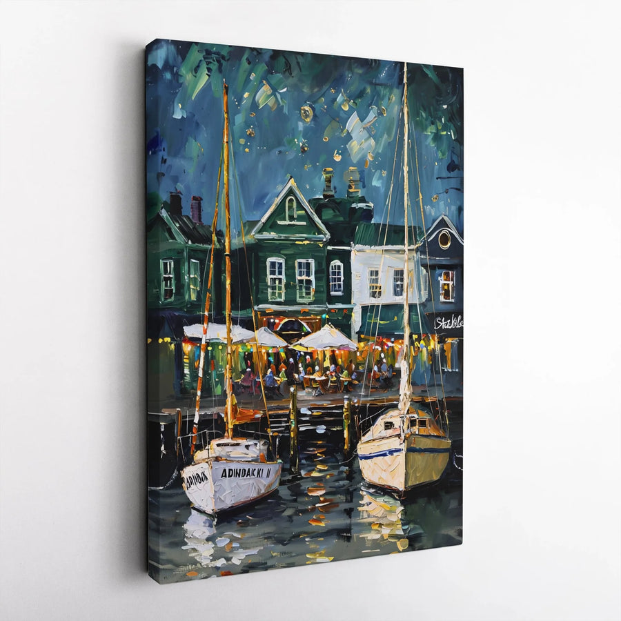 Harbor Sailboat Night Canvas Print | Impressionist Nautical Waterfront Art | Premium Gallery Wrapped Wall Decor | Coastal Home Office Gift