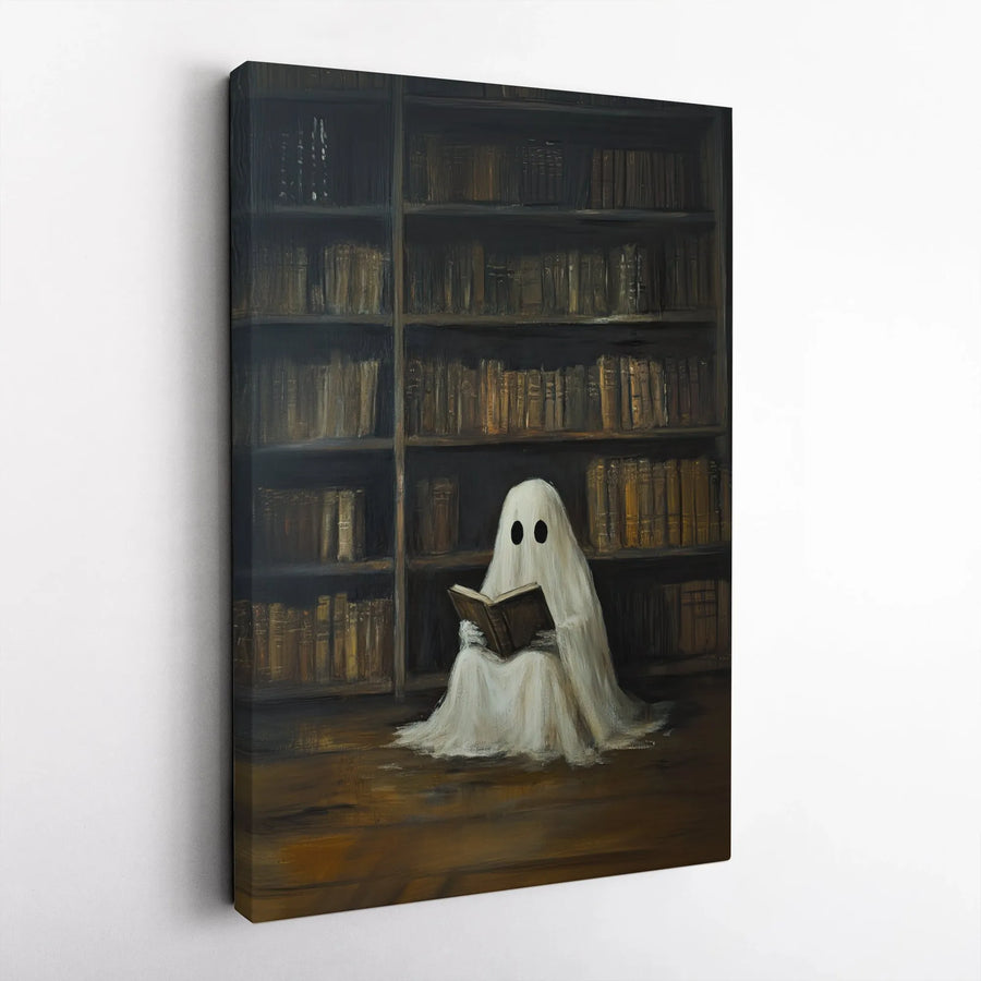 Ghost Reading Book Canvas Wall Art | Dark Academia Library Decor | Premium Gallery Wrapped Canvas | Spooky Book Lover Gift