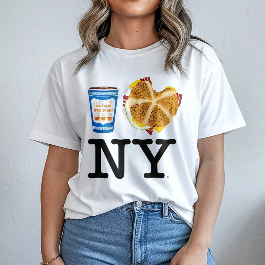 New York Breakfast T-Shirt | Bacon Egg and Cheese Bagel Graphic | Premium Soft Cotton Tee | NYC Foodie Souvenir Gift for Travelers