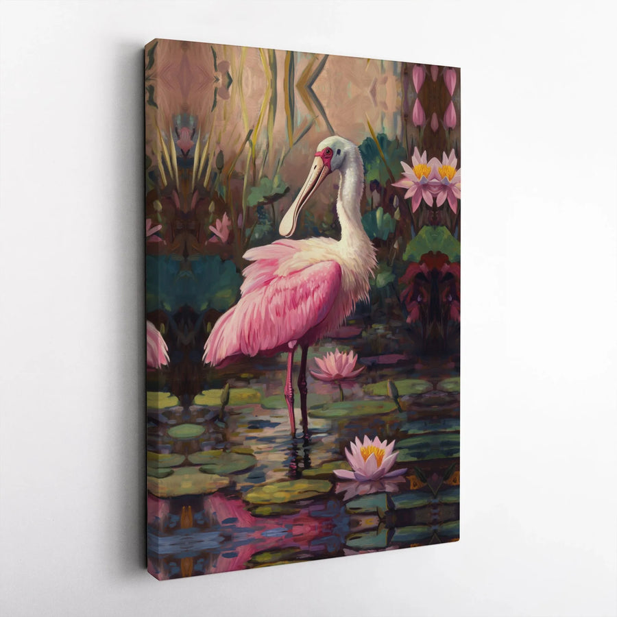 Pink Spoonbill Bird Painting Canvas | Impressionist Style Water Lily Art | Premium Thick Gallery Wrap | Florida Wildlife Decor Gift for Bird Watcher