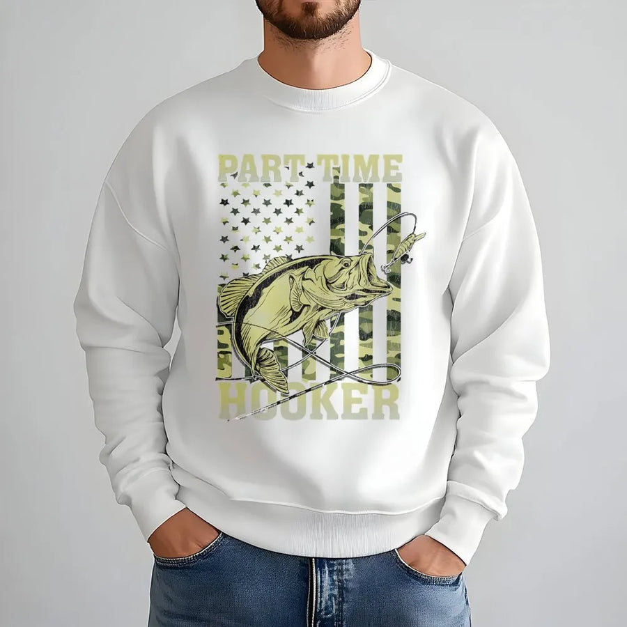 Part Time Hooker Fishing Sweatshirt | Camo American Flag Bass Graphic | Premium Cotton Blend Crewneck | Funny Gift for Anglers and Fisherman