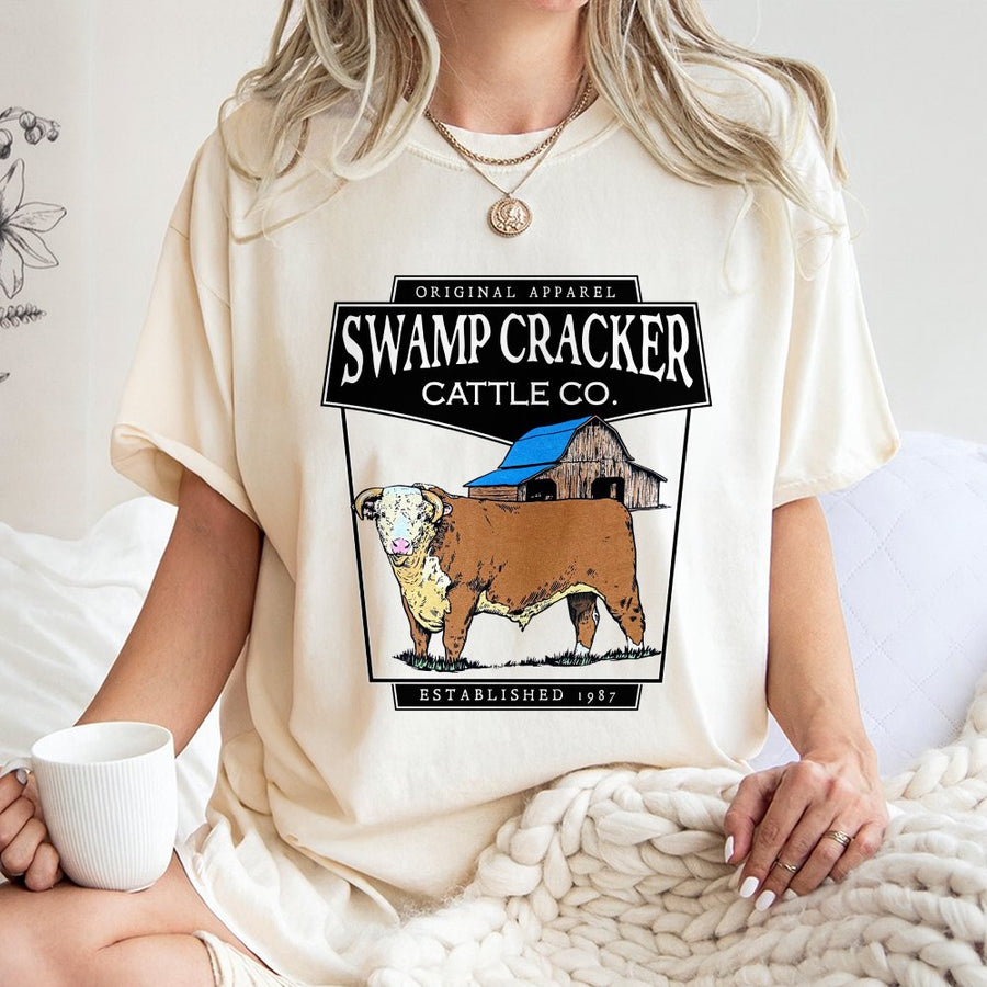 Swamp Cracker Cattle Co T-Shirt | Rustic Barn and Bull Graphic Design | Premium 100% Cotton | Western Country Gift for Farmers and Ranchers