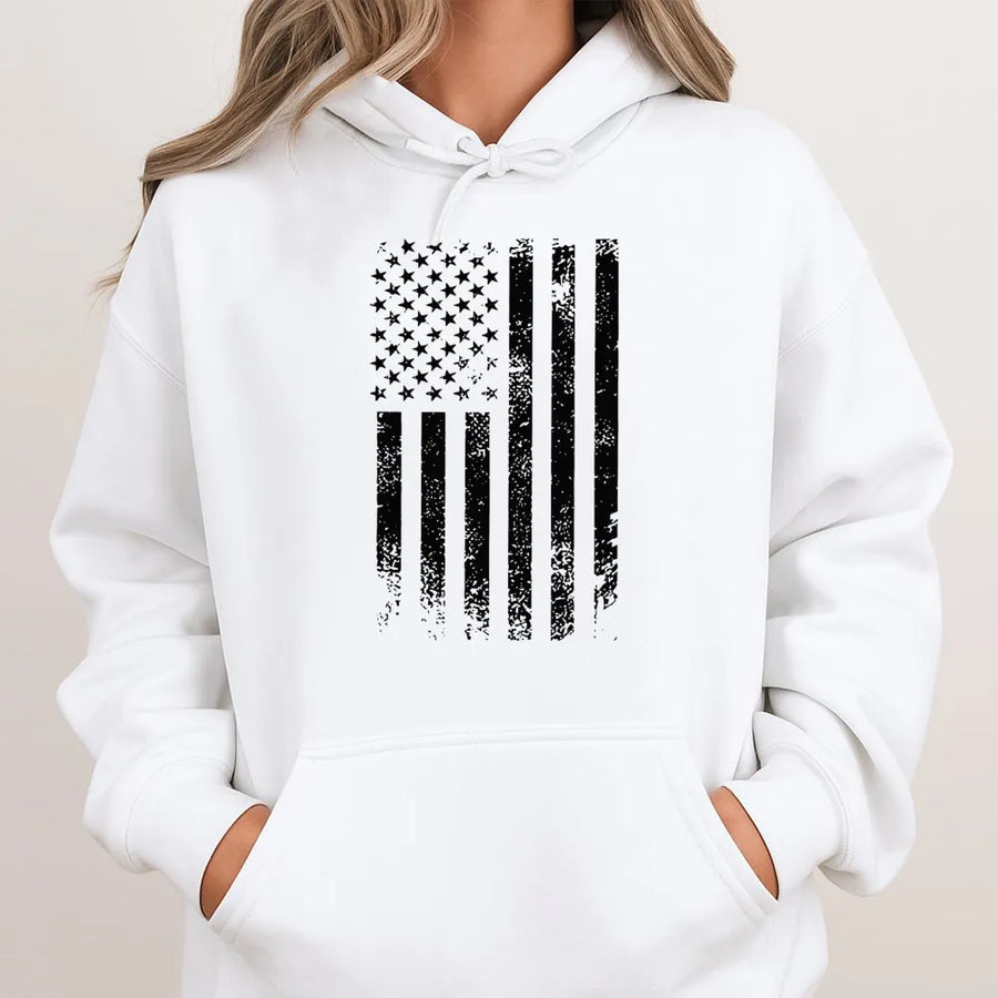Distressed American Flag Hoodie | Vintage Patriotic Graphic Sweatshirt | Premium Cotton-Blend Apparel | Unisex Gift For Independence Day