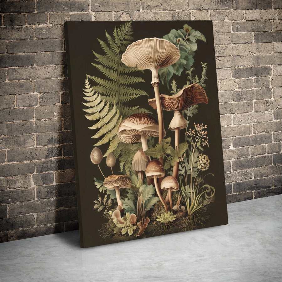Vintage Botanical Mushroom Wall Art | Moody Forest Ferns Illustration | Premium Gallery Wrapped Canvas | Nature Lover Home Decor Gift