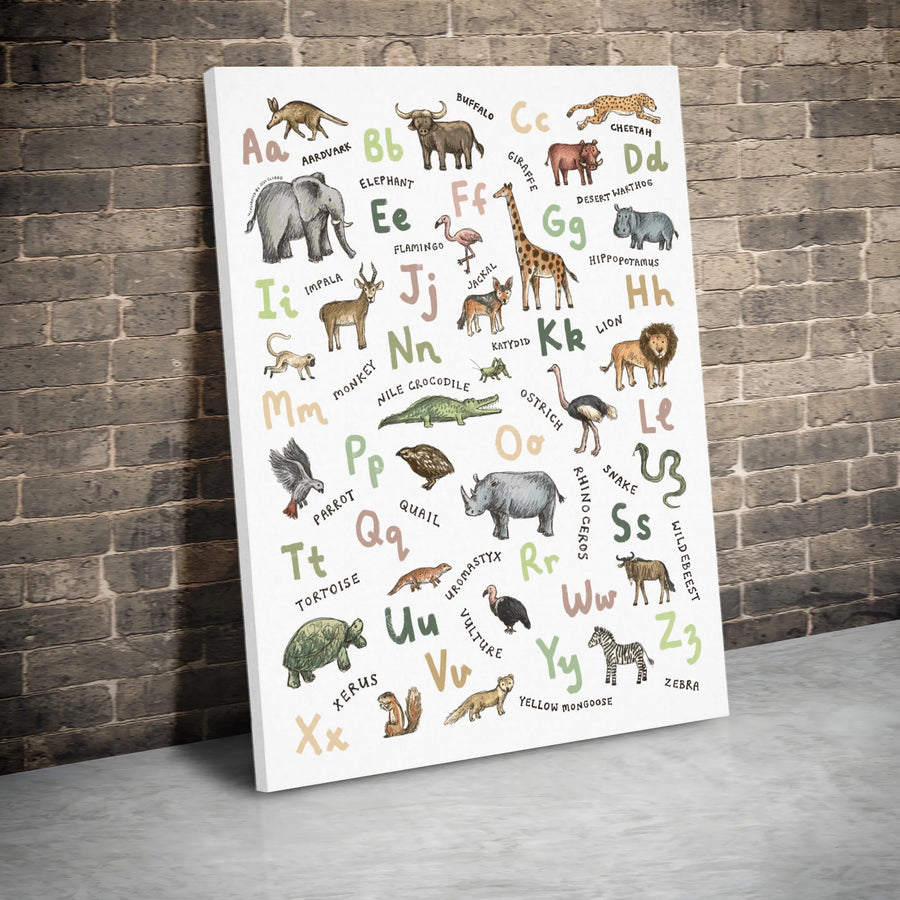 Animal Alphabet Canvas Wall Art | Educational Safari Wildlife Illustrations | Premium Gallery Wrapped Canvas | Nursery & Playroom Decor Gift