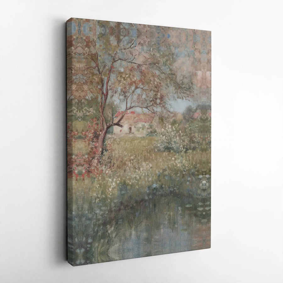 Impressionist Landscape Canvas Print | Cottage by the Pond Oil Painting Style | 1.25" Gallery Wrap | Nature Wall Art for Home Decor