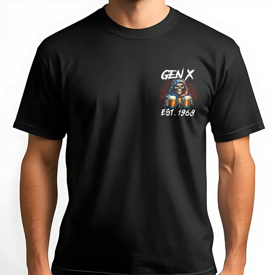 Gen X T-Shirt | Funny Skull Beer Graphic EST. 1968 | Premium Cotton Blend | Nostalgic Birthday Gift for Men & Women