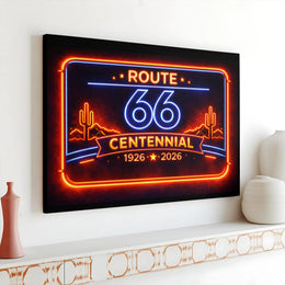 Route 66 Centennial Canvas Wall Art | Retro Neon Sign Print | Premium Gallery Wrap | Collector's Gift for Man Cave Decor