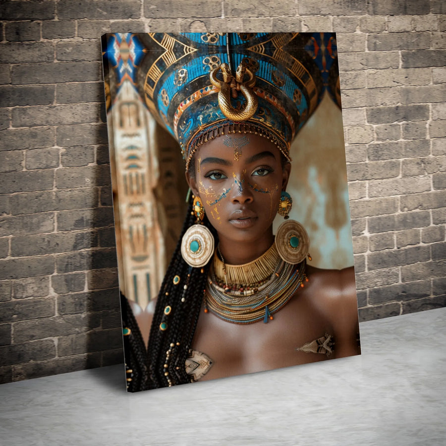 Egyptian Queen Canvas Art | Regal African Goddess in Gold Headdress | Premium 1.25-Inch Gallery Wrap | African American Decor for Home