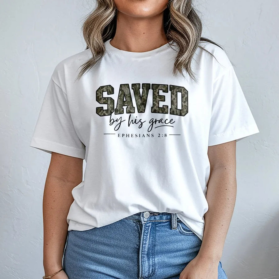 Saved By Grace T-Shirt | Camo Print Bible Verse Graphic | Soft Cotton Blend | Christian Faith Apparel Gift for Men & Women