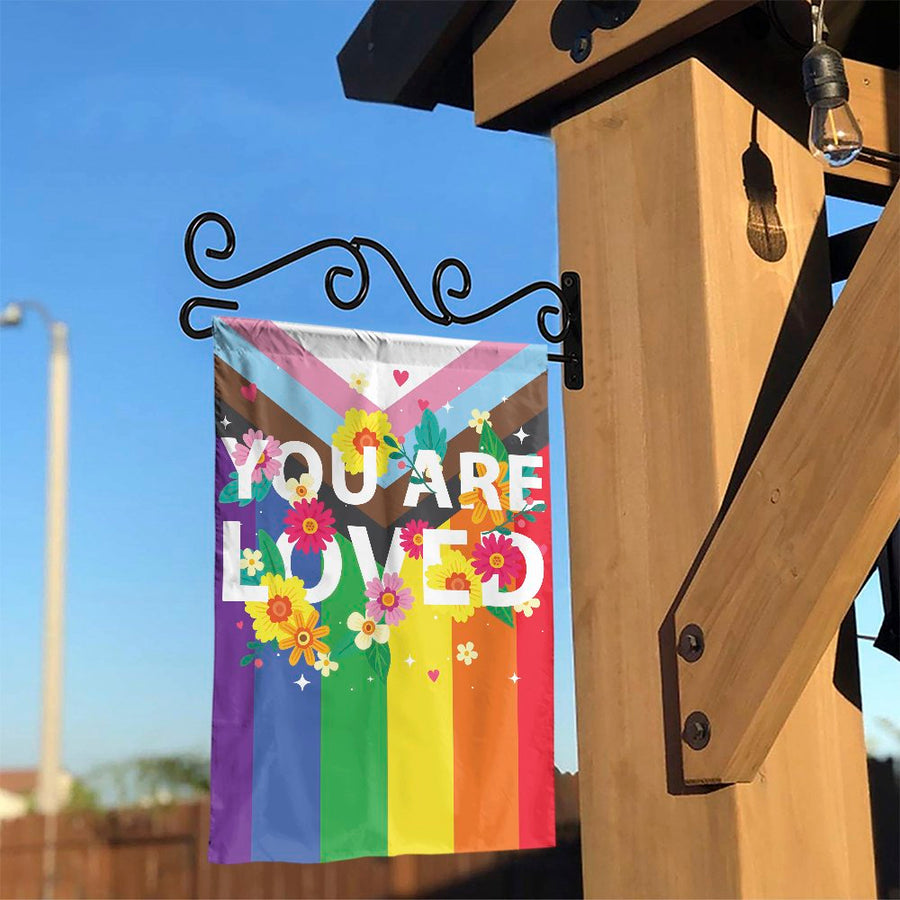 Progress Pride Garden Flag | Floral You Are Loved Design | Weather-Resistant Polyester | Inclusive LGBTQ Home Decor Gift
