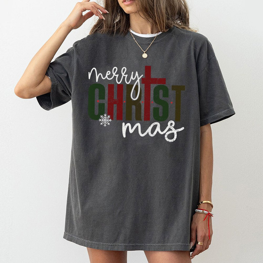 Religious Christmas T-Shirt | Merry Christ-mas Cross Typographic Design | Soft 100% Cotton Premium Tee | Christian Holiday Faith Gift for Adults
