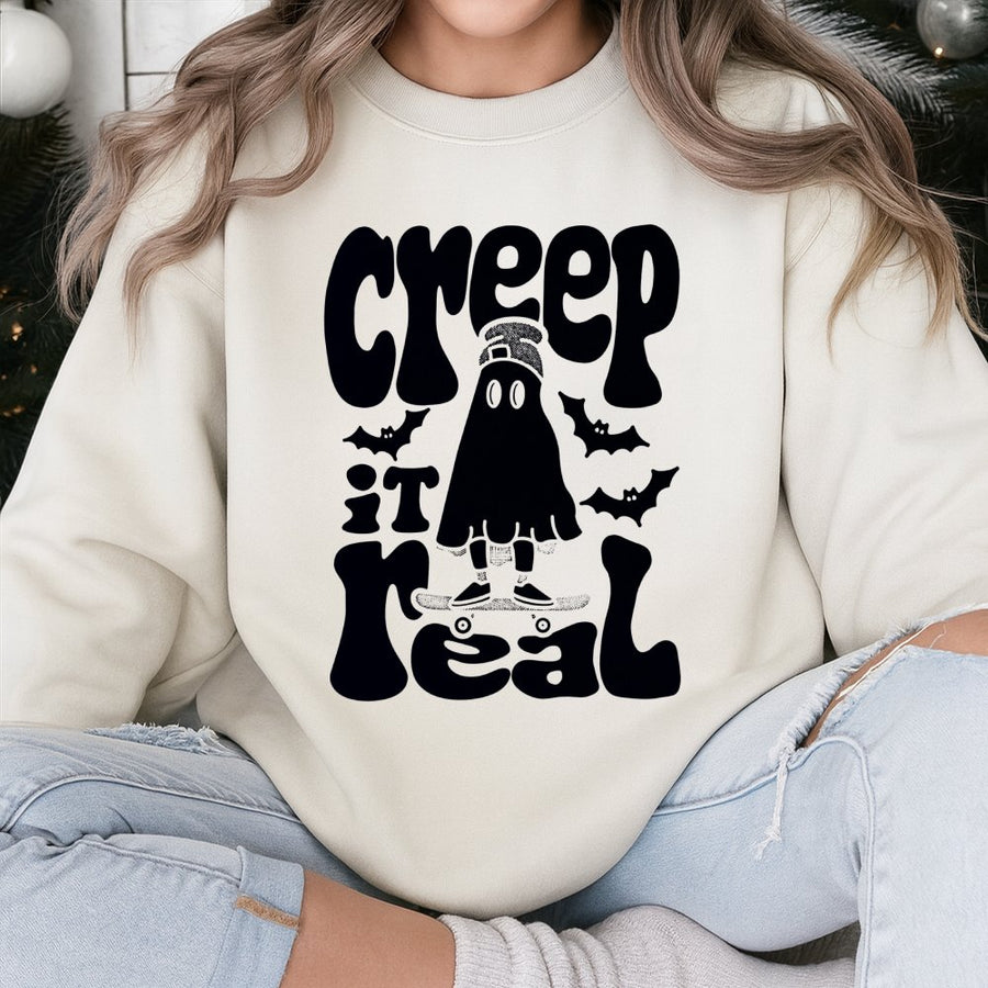Creep It Real Halloween Sweatshirt | Retro Skater Ghost Graphic | Premium Cotton Blend | Spooky Season Gift for Men and Women