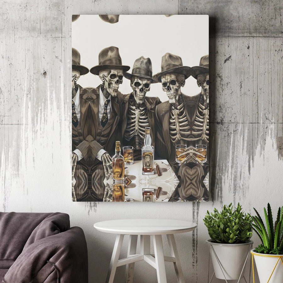 Gangster Skeleton Wall Art | Poker Night Whiskey Drinkers | Premium Gallery Canvas | Unique Man Cave Decor Gift