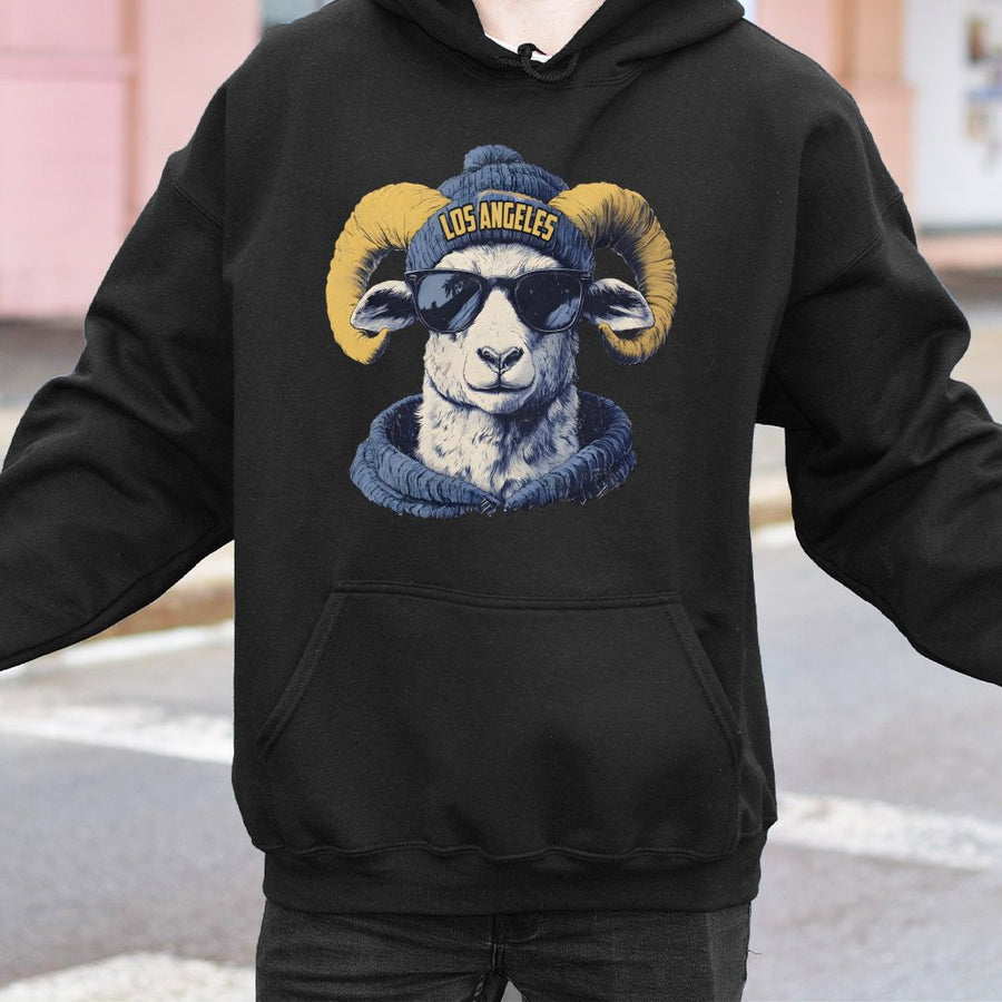 Los Angeles Cool Ram Mascot With Sunglasses And Beanie Hoodie