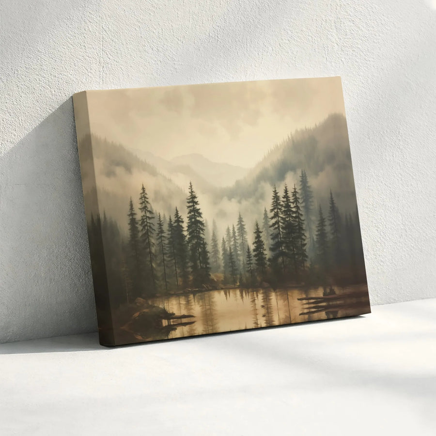 Misty Forest Landscape Canvas Wall Art | Foggy Pine Trees and Lake | Gallery Quality Fade-Resistant Print | Neutral Earth Tone Decor for Home