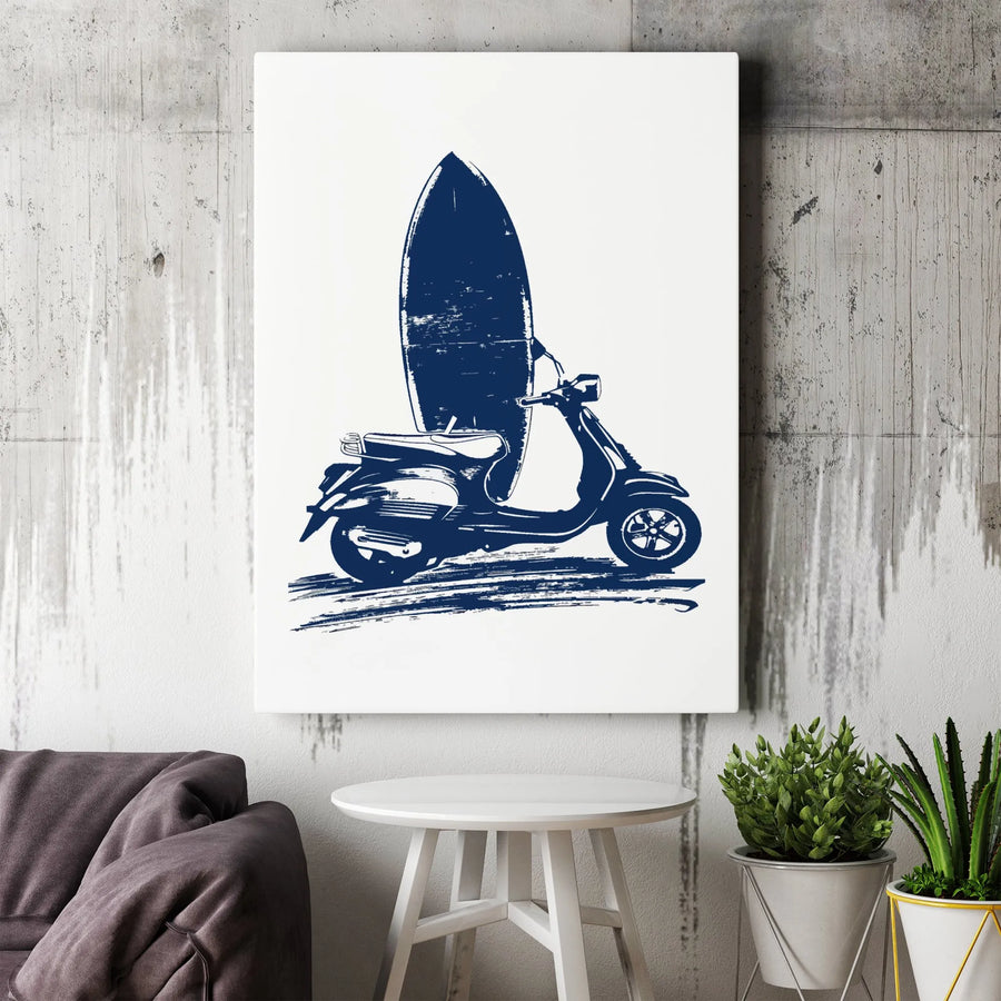Vintage Scooter Surfboard Wall Art | Coastal Navy Blue Sketch Print | Premium Gallery Wrapped Canvas | Beach House Summer Home Decor