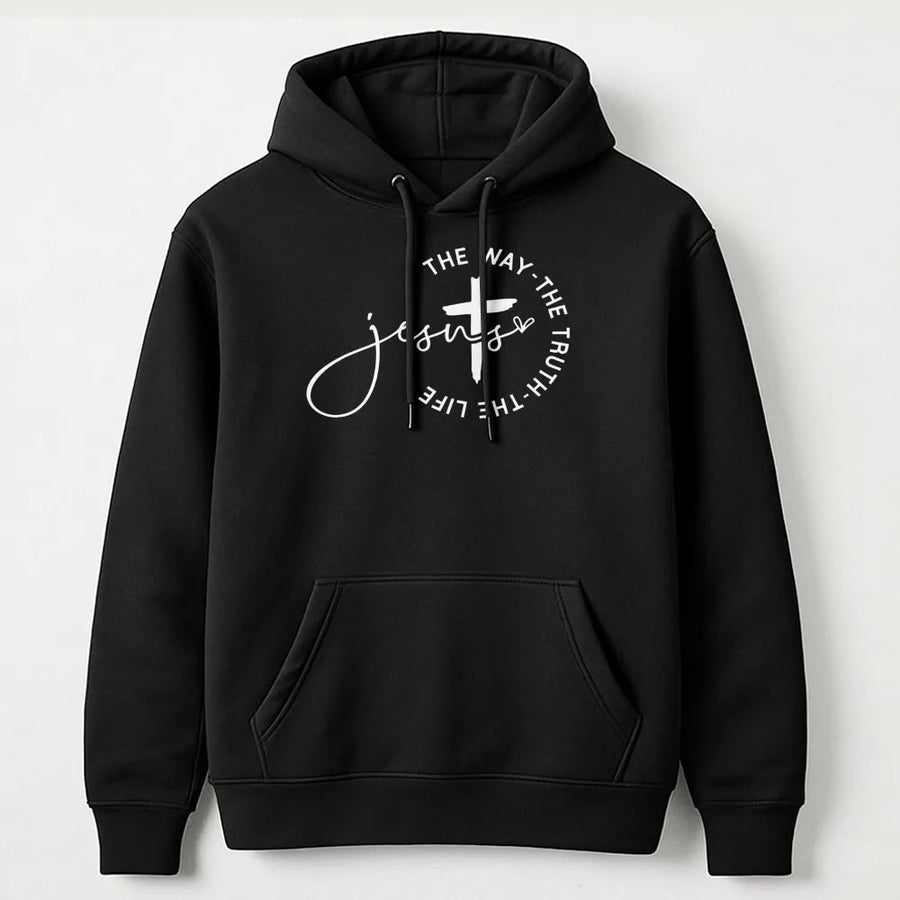 Jesus The Way The Truth The Life Hoodie | Minimalist Cross Script Design | Premium Cotton Blend | Christian Faith Gift For Men And Women