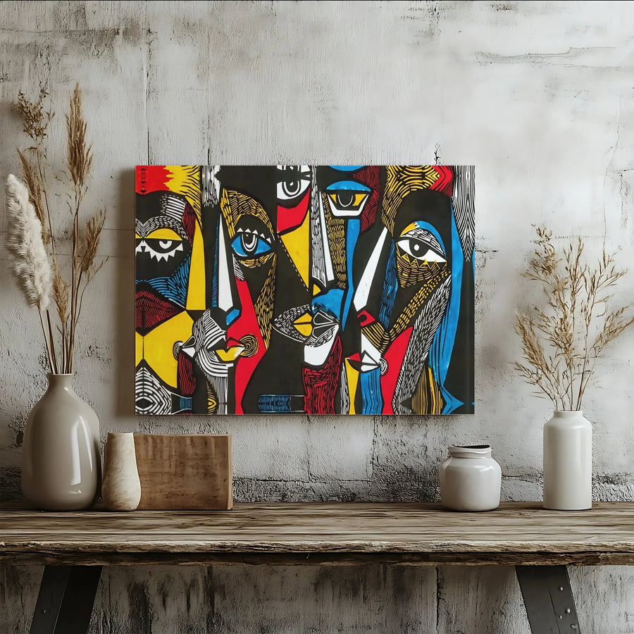 Abstract Faces Canvas Print | Vibrant Cubist Portrait Painting | Premium Gallery Wrapped Wall Art | Large Modern Home Decor Collector's Gift