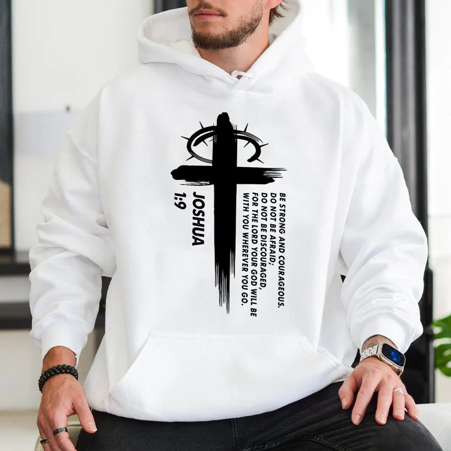 Joshua 1:9 Scripture Hoodie | Christian Cross Faith Design | Premium Cotton Blend | Encouraging Bible Verse Gift for Men and Women