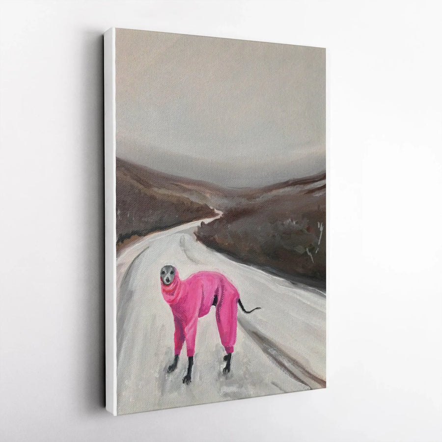 Funny Greyhound Canvas Print | Dog in Pink Snowsuit Art | Premium Gallery Wrapped Canvas | Humorous Wall Decor Gift for Dog Lovers