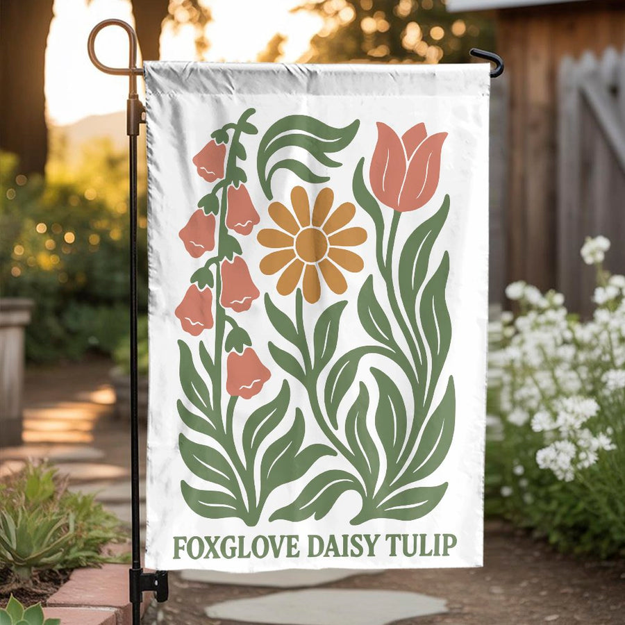Botanical Flower Garden Flag | Vintage Foxglove Daisy Tulip Print | Weather-Resistant Polyester | Premium Floral Outdoor Yard Decor Gift
