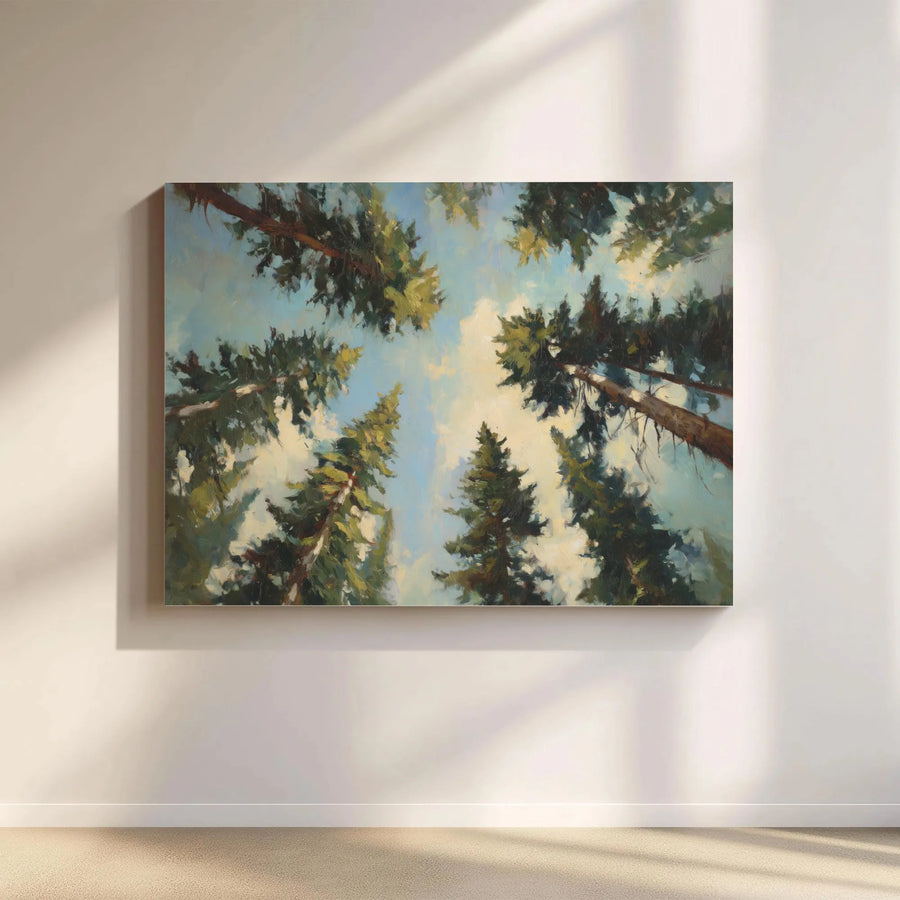 Forest Canopy Canvas Wall Art | Upward View Pine Tree Oil Painting Style | 1.25 Inch Gallery Wrap | Nature Lover Home Office Decor Gift