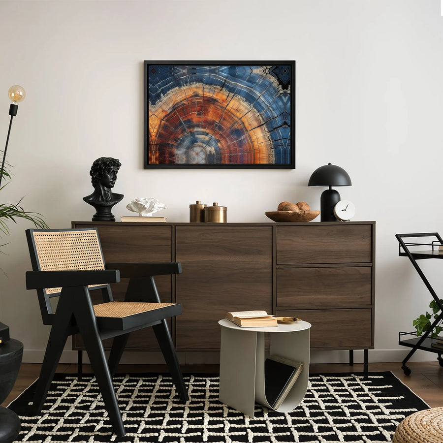 Petrified Wood Tree Ring Canvas Wall Art | Abstract Blue And Burnt Orange Decor | Gallery-Wrapped Premium Print | Modern Nature Home Gift