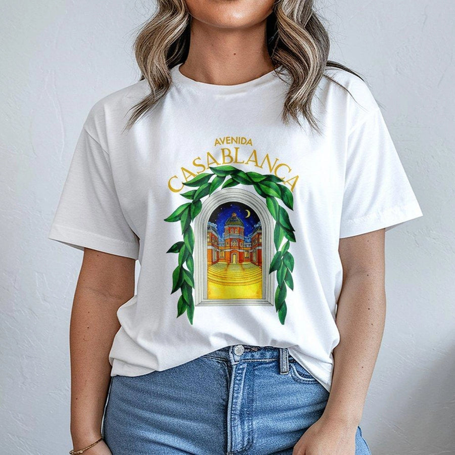 Avenida Casablanca Graphic T-Shirt | Mediterranean Architecture Botanical Art | Premium Cotton Tee | Travel Inspired Gift For Architecture Lovers
