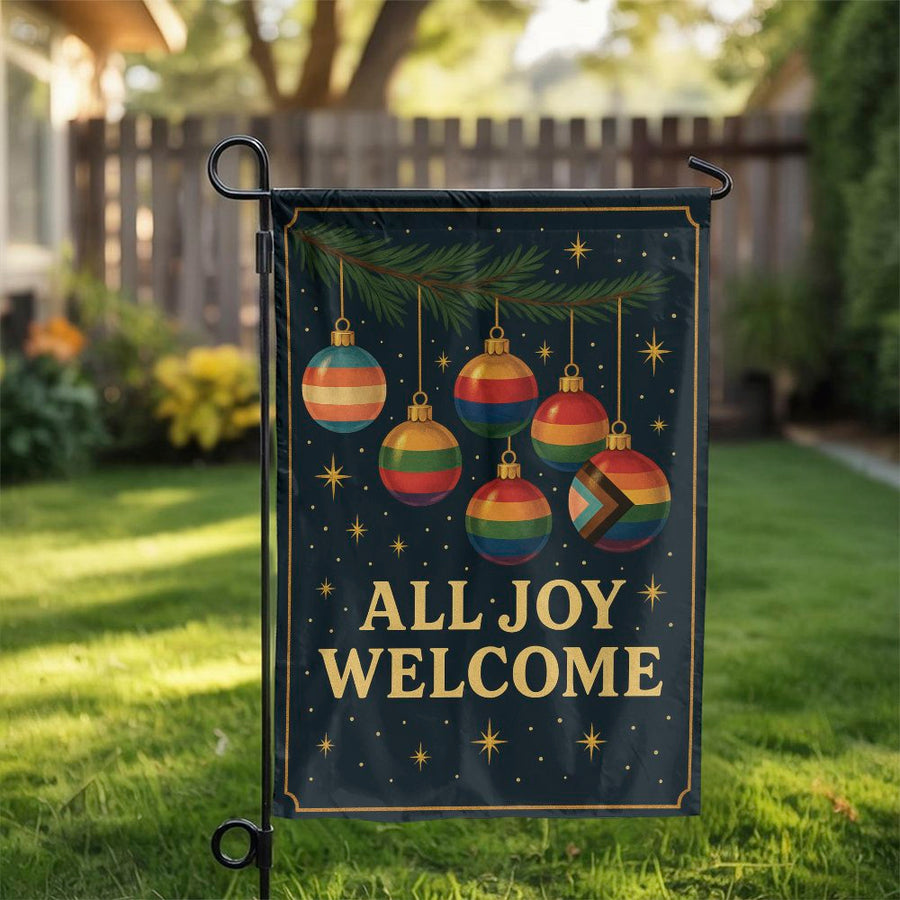 All Joy Welcome Garden Flag | Pride Christmas Ornaments Design | Premium Weather-Resistant Polyester | Inclusive Holiday Outdoor Decor Gift