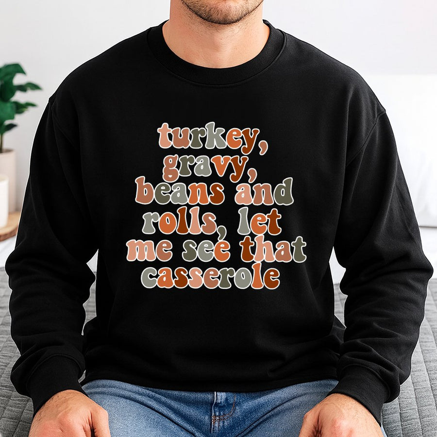 Turkey Gravy Beans and Rolls Sweatshirt | Retro Thanksgiving Dinner Graphic | Premium Cotton Blend Crewneck | Funny Holiday Gift for Foodies