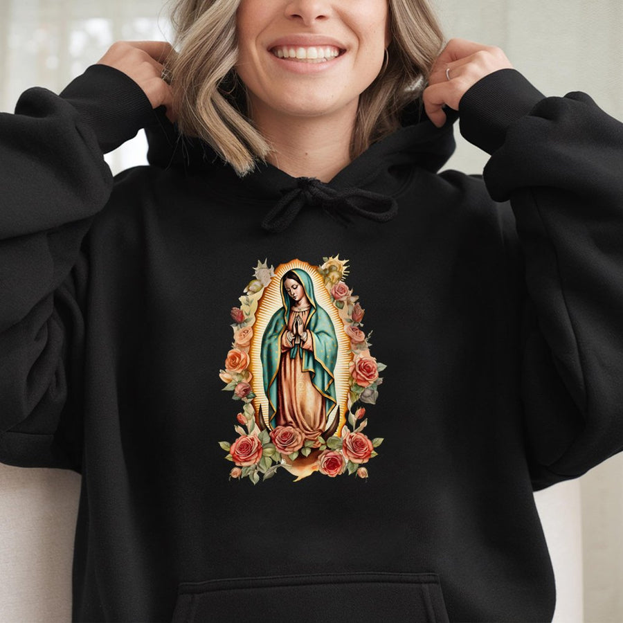 Virgin Mary Hoodie | Our Lady Of Guadalupe Floral Graphic | Premium Cotton Blend Pullover | Religious Gift for Faith & Devotion