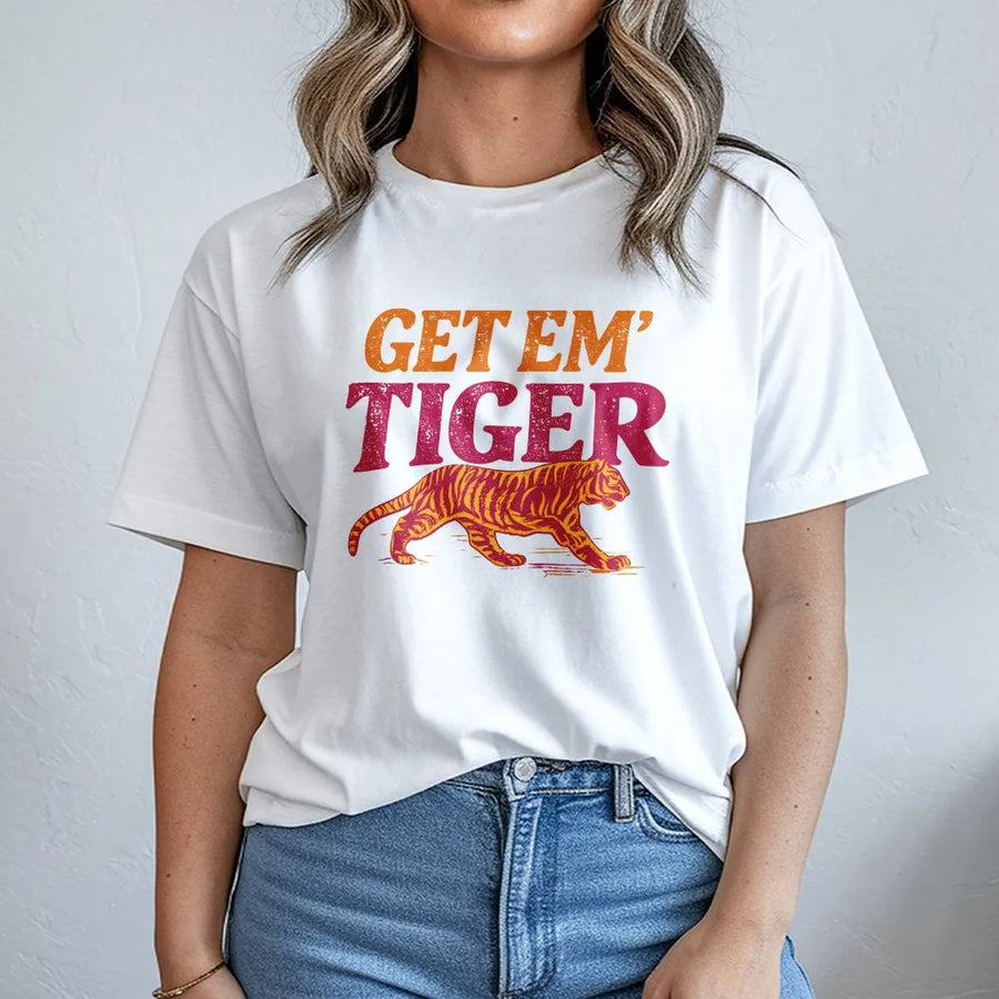 Get Em Tiger Shirt | Retro Mascot Graphic Tee for Game Day | Soft Cotton School Spirit Wear | Gift for Sports Fan, Student, or Alumni