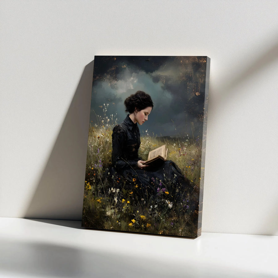 Moody Victorian Woman Reading Canvas Wall Art | Dark Academia Floral Oil Painting Print | Premium 1.25" Gallery Wrap | Gift for Book Lovers