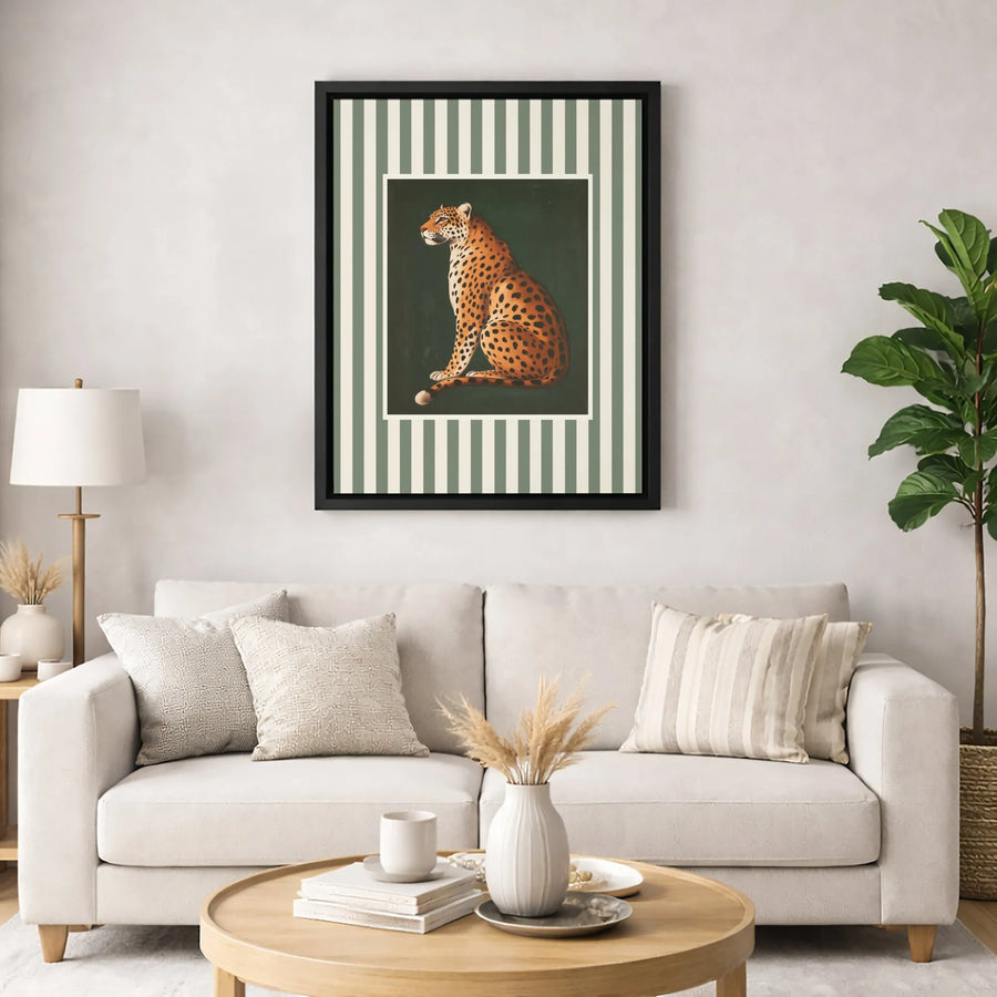 Seated Leopard Wall Art | Vintage Safari Animal Print with Green Stripes | Premium Gallery-Wrapped Canvas | Sophisticated Home Decor Gift