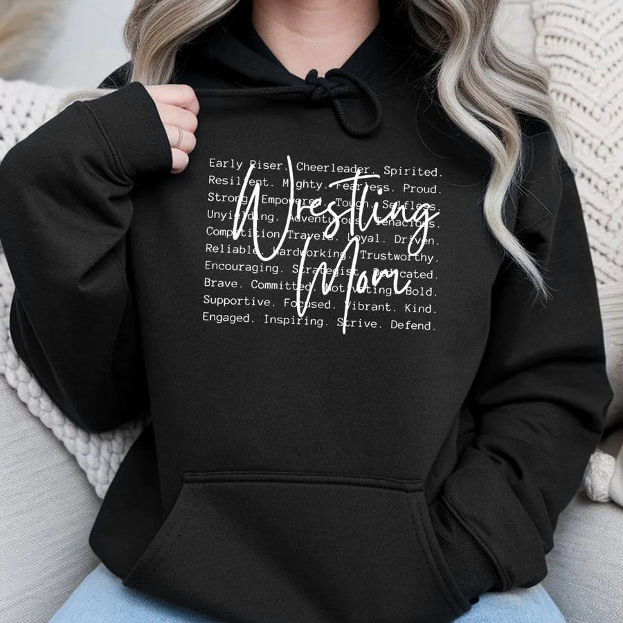 Wrestling Mom Hoodie | Inspirational Word Cloud Graphic | Premium Cotton Blend | Gift for Wrestling Fans & Sports Parents