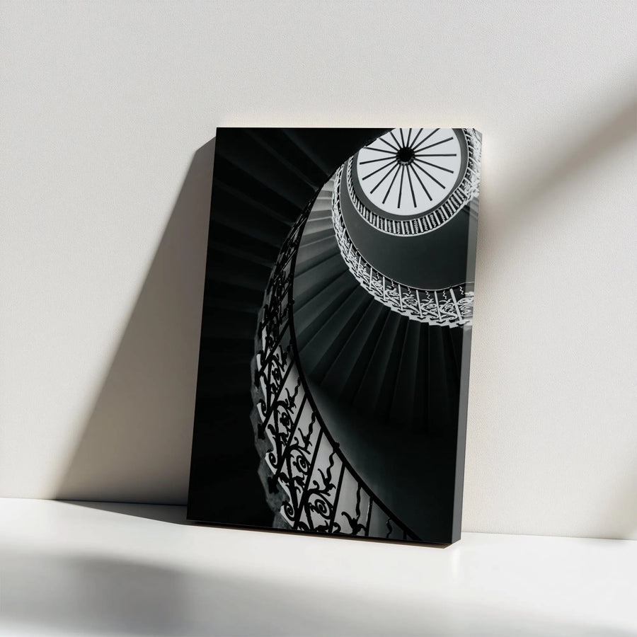 Spiral Staircase Vertical Canvas | Black and White London Photography | Premium 1.25" Thick Gallery Wrap | Modern Minimalist Home & Office Decor Gift