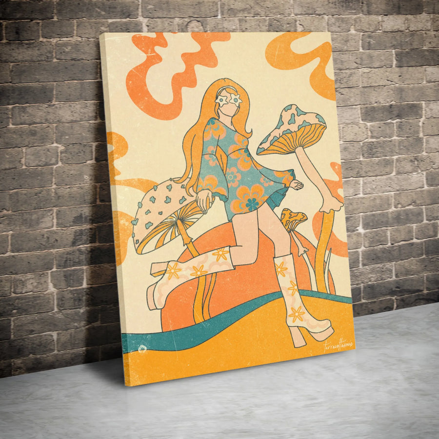 Groovy 70s Girl Wall Art | Psychedelic Mushroom Decor | Premium Gallery-Wrap Canvas | Retro Aesthetic Gift for Her