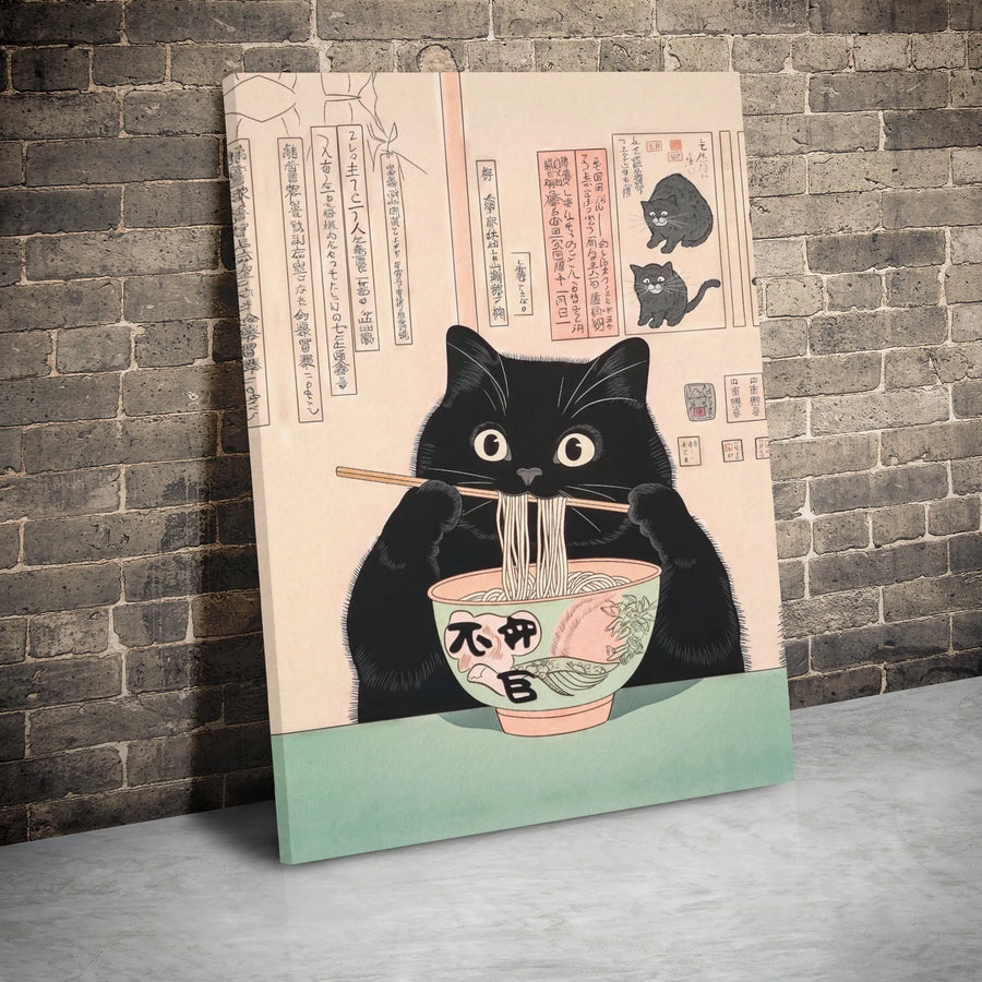 Black Cat Ramen Wall Art | Japanese Ukiyo-E Inspired Print | Premium 1.25" Gallery Wrap Canvas | Unique Gift for Cat Lovers & Ramen Fans